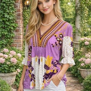BLINK LONDON Purple Floral Boho Mixed Media Blouse, S